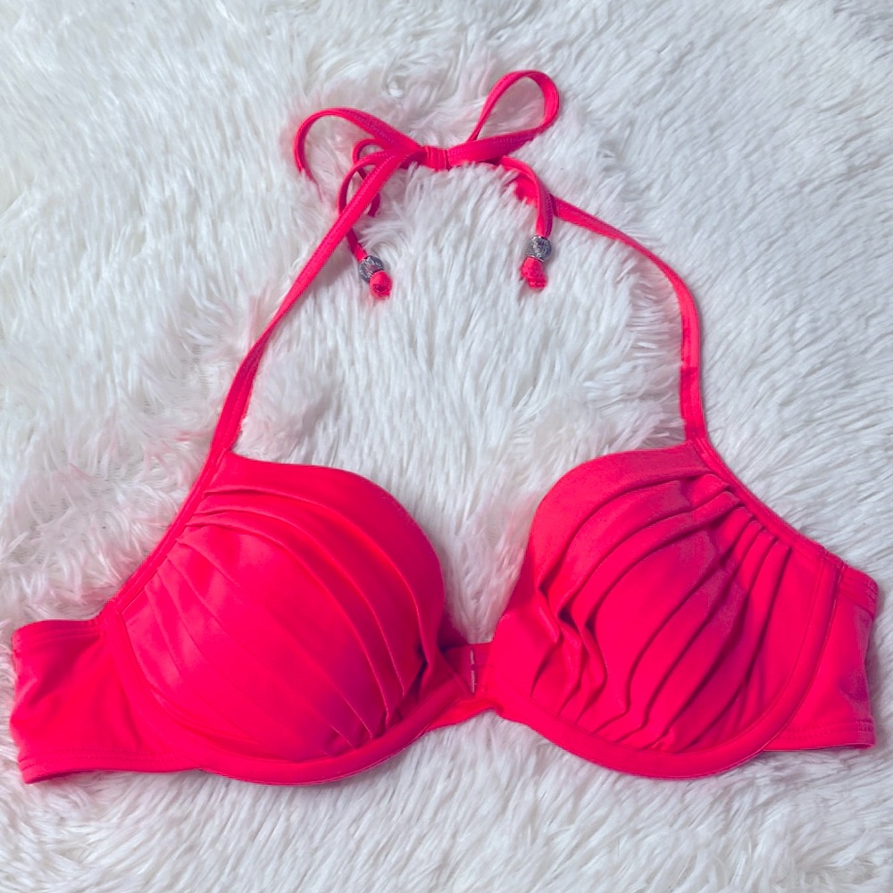 H&M Coral Pink Orange Halter Style Bikini Swimsuit Top Size 34A